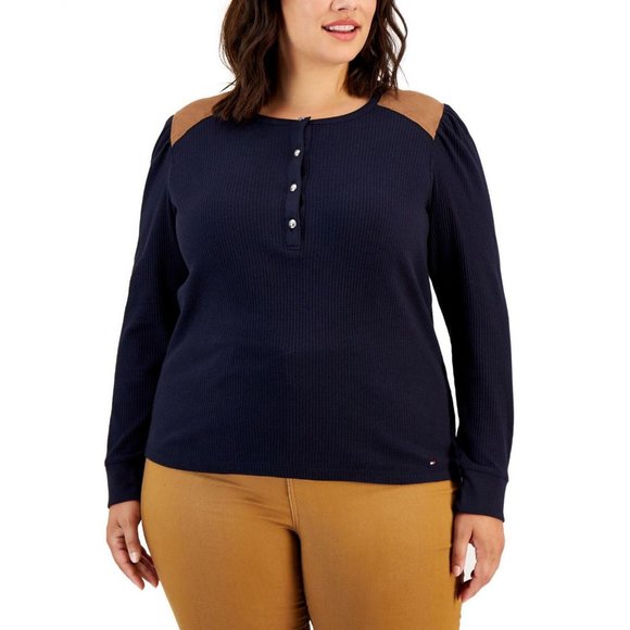 NWT Tommy Hilfiger Size Faux-Suede-Yoke Henley Top W2HH0729 0X Sky Captain Blue - Picture 1 of 5